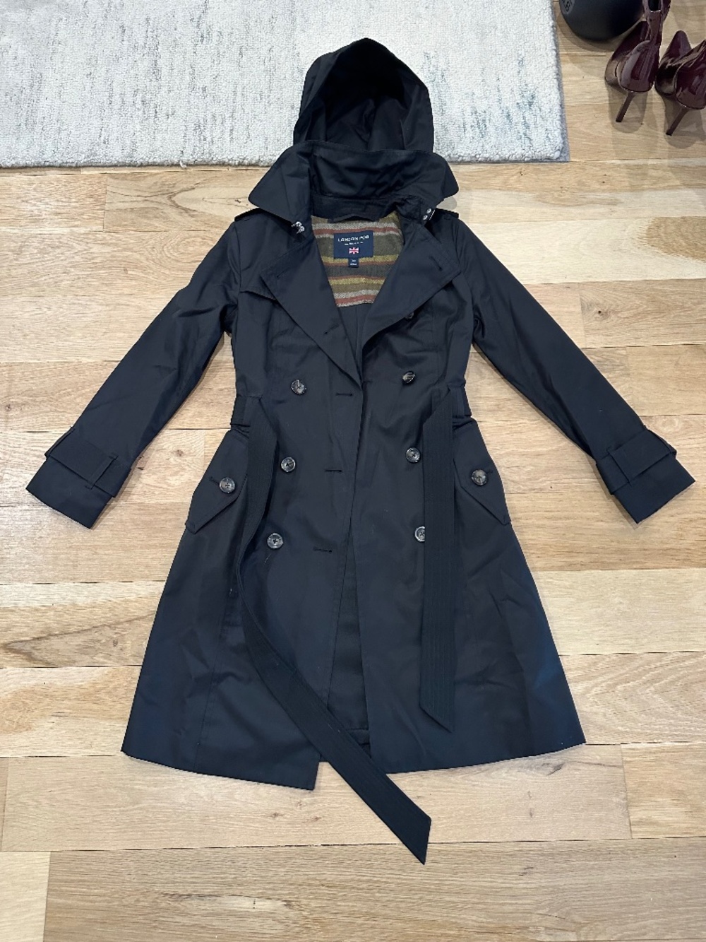London fog double breasted trench coat with hood in size XXS